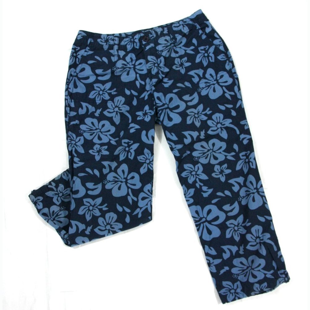 SO Real So Right Blue Floral Tropical Hibiscus Cotton Capri Cropped Pants Sz 0